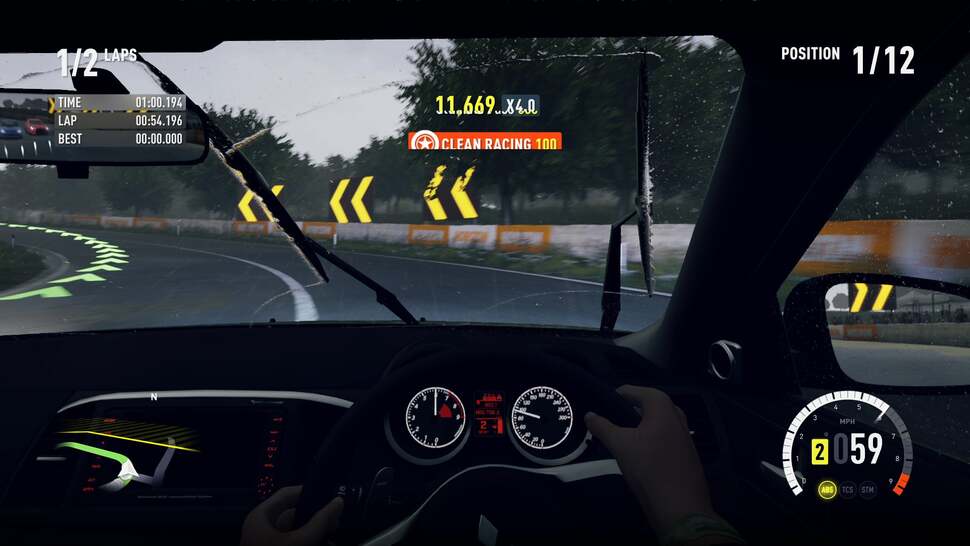 Raindrops are simulated across car bonnets and windscreens. These droplets move around the car body and are wiped away from the windscreen while driving