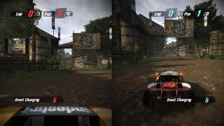 The split-screen mode of Motorstorm: Pacific Rift (2D version shown here) proved to have crucial assets necessary in gaining the performance boost required to take the game into 3D. Hardware upscaling and optimisation did the rest.