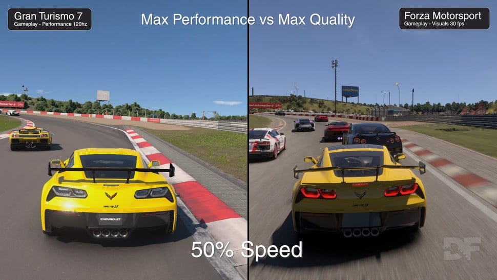 Interestingly, while both games default to a responsive 60Hz output, GT7 offers an even more fluid 120Hz option at a lower resolution, while Forza's extra mode is capped at 30fps to boost fidelity further. It would be interesting to see both games adopt each other's extra modes, as both could be viable.