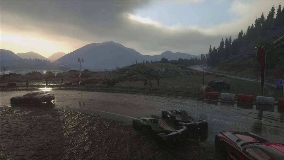 Volumetric clouds are used to blanket the sky - particularly on the overcast Scotland track. The spread of sunlight changes with each race too, causing glare across the oncoming roads