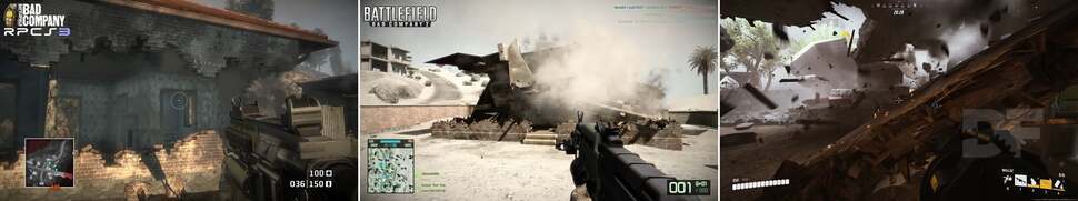 Destructive capabilities increase from left (Battlefield: Bad Company) to centre (Battlefield: Bad Company 2) to right (The Finals), with buildings going from destructible walls, to pre-canned building destruction animations, to physics-based destruction.