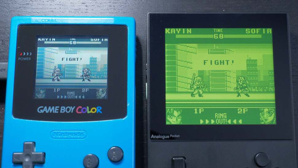 The Game Boy's multiplayer link cable functionality is preserved on Analogue Pocket - here we're playing Nettou Toshinden (yes, that Toshinden) on Game Boy Color vs Analogue Pocket in original Game Boy mode