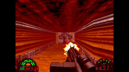 The Jedi engine used in Dark Forces allowed for some neat graphical effects, such as a red fog in the mining level and simulated dynamic lighting, with blaster fire illuminating dark areas - all replicated in the Remaster.