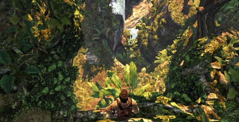Four impressive vistas for your viewing pleasure. The skybox detailing the clouds and valleys that surround the jungle blends in nicely with the colour composition of the geometrical elements. Elsewhere, areas are densely packed with flora and ruinous structures, which in combination with too many enemies can result in poor performance.
