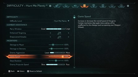 One complaint, and one compliment. Left, it would be nice to have the option to tone down the brightly coloured projectiles and/or the full-screen red overlay at low health. Right, you do have interesting options to adjust the game speed, projectile speed, player/demon damage and enemy aggression to suit your preferences.