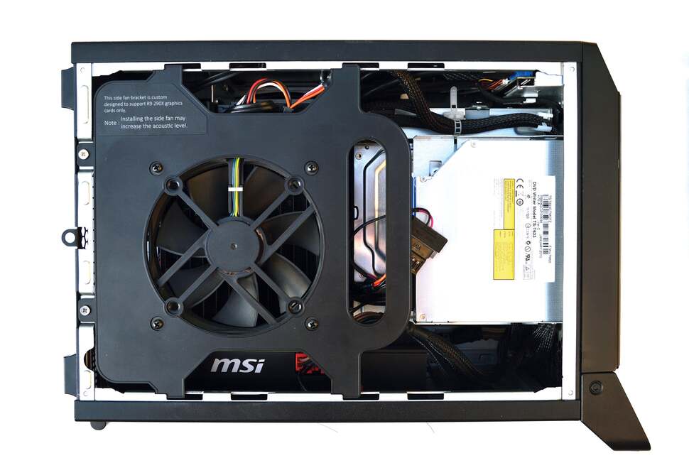 The MSI Nightblade is based around the compact circuitry of its mini-ITX motherboard - meaning very little space goes unused. To get to its innards, we unscrew and slide away a bulky 12cm closed loop water cooler and heatsink