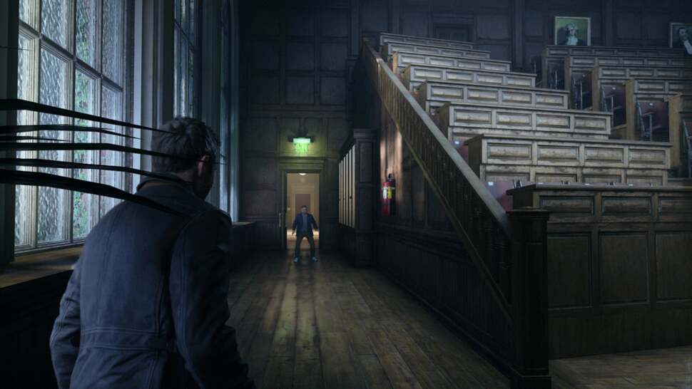 Texture details are clearly discernible up close, though the low level of anisotropic filtering leads to artwork blurring at steep angles and at long distance. For example, the wooden floor boards above