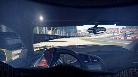 On the left we see an early implementation of Shift 2's helmet cam, with a distracting reflection on the visor which was eventually removed. To the right we see the advantages of a deferred rendering scheme, which adds considerably to the realism of lighting in-game.