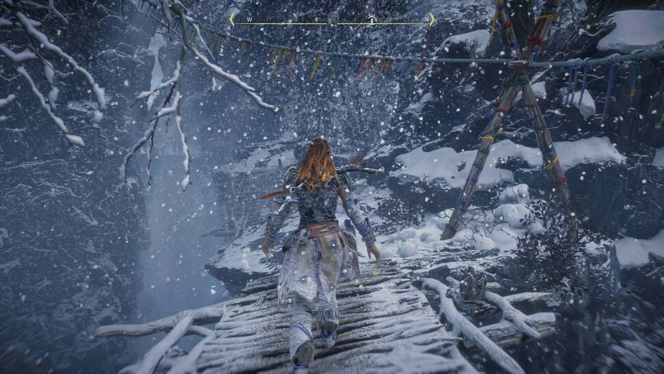 The Frozen Wilds takes Horizon to a much colder locale complete with lit snow particles, deformable snow and highly dense world geometry. Snow is even show collecting on branches in a realistic manner
