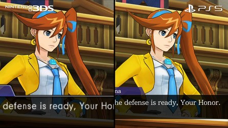 The opening cutsene here (left) looks noticeably higher-res than on 3DS, unsurprisingly, while texture and geometry changes are evident on 3D elements and the HUD renders at 4K with serif text versus sans-serif in the original games.