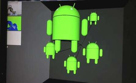 The Tetris demo changes perspective according to the player's head positioning, while the shot on the right illustrates how Kinect head-tracking, tied to the 3D perspective, can produce an astonishing 3D-like effect on normal 2D screens.