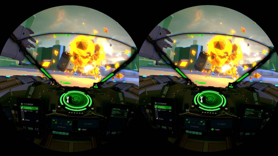 A look at the image beamed out to the PSVR headset. Second-gen PSVR titles will be able to leverage bespoke multi-resolution technology that allows the 'edges' of the view here to be rendered at a lower resolution. There'll be a big boost to performance with no noticeable impact to image quality in the HMD.