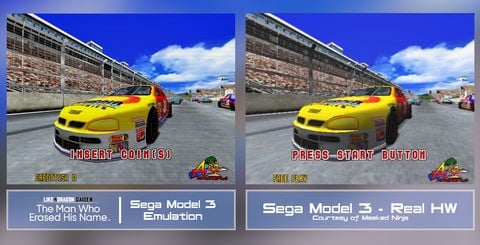 There are some shading omissions, clipping problems and differences in texture filtering, but Daytona USA 2's Model 3 emulation remains highly robust overall. Click on the images for higher resolution.