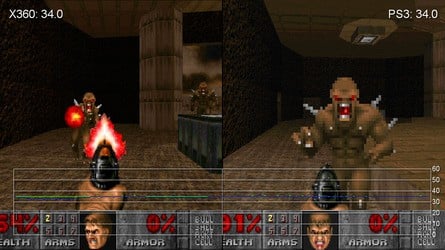 Doom 1 and Doom 2 both seem to top out at 35FPS on both Xbox 360 and PS3, but the latter version has the benefit of being developed by id itself: joypad rumble is supported and despite the strange frame-rate target matching that of the 360, both titles seem to be more responsive, with less judder on the Sony platform.