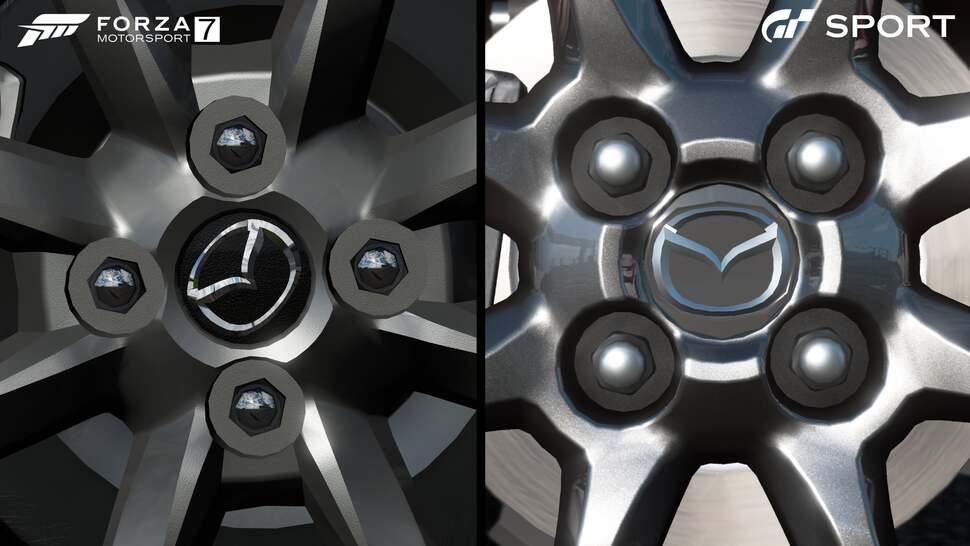 The paint applied to the wheel itself appears more detailed and realistic in GT Sport but from a distance, both look excellent while racing