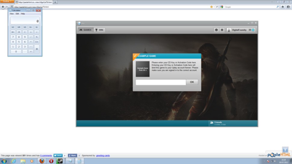We installed Assassin's Creed 2 on our games PC and tried out the proof of concept hack on IE10, FireFox, Opera and Chrome. In all cases the backdoor activated, seen here by the arrival of the Windows calculator app.