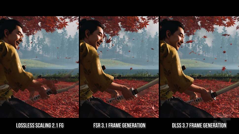 In motion, Lossless Scaling's frame generation can look indistinguishable between that of DLSS 3 or FSR 3. Catch it on the right single frame though, and you can that visual errors can be more numerous.