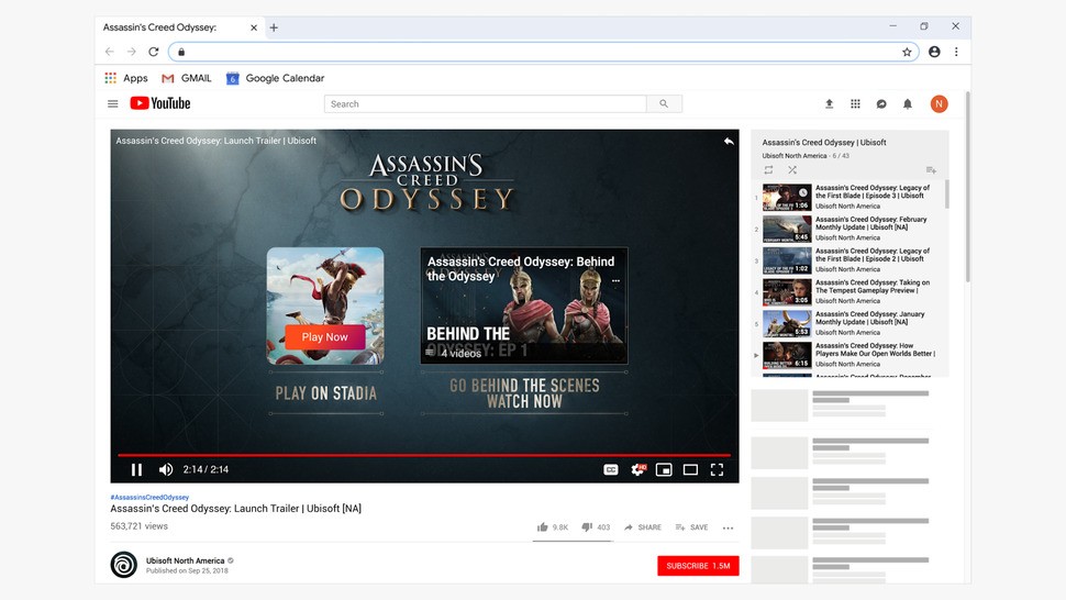 An example of Stadia integration into YouTube - watch the Assassin's Creed Odyssey trailer, then immediately play the game afterwards with just one button click