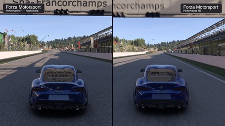 Here's an oddity: Forza features RT reflections for nearby objects like this gantry, something not found in GT7, but the sign's text isn't visible when passing at high speed. We have to approach more slowly to see the image without break-up.