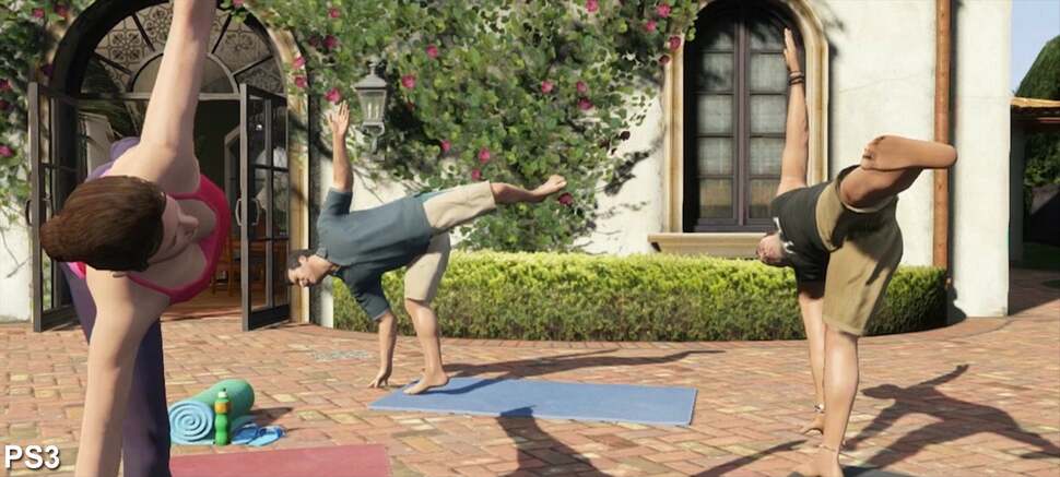 A close look at one of the main characters reveals little difference but the surroundings are significantly higher resolution. Notice the ivy along the house and the quality of the shading along the pipe on the right hand side