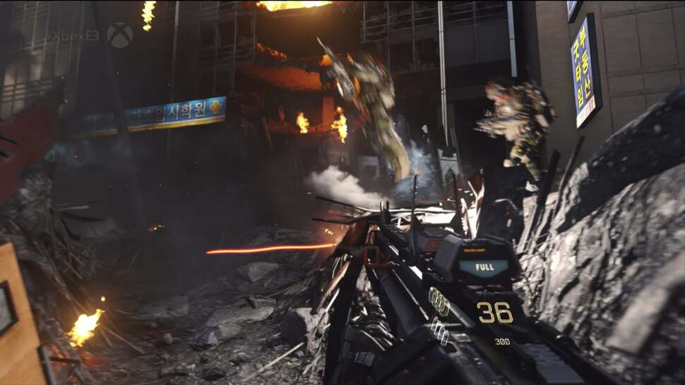 The use of per-object motion blur, as shown on two soldiers here mid-boost, is huge improvement over Ghosts' on PS4 and Xbox One, where the effect was largely absent in play