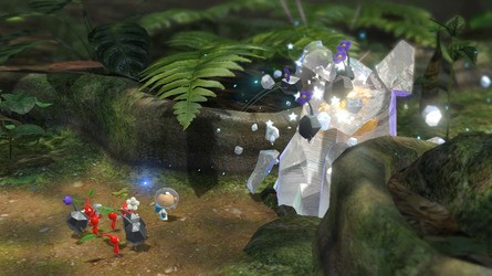 The hardened ice shell on the boss and dew-like glazing on the mushrooms show off a level of transparency and reflection effects not seen before on a Nintendo console. Pikmin 3 does suffer for some unflattering textures when lowered to ground-level, however, but the rest of the presentation makes these easy to ignore.