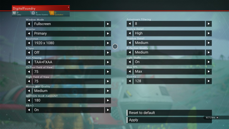 Our options selection for No Man's Sky at 1080p reduces settings as much as possible without unduly impacting image quality at 1080p. You can see the performance improvements from our selection with the bolded highlights below