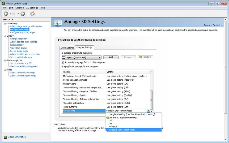 Nvidia's half-rate adaptive v-sync locks gameplay to 30fps - with proper frame-pacing - on a 60Hz display, introducing screen-tear if the engine falls to sustain the target frame-rate. In effect, it's simulating an effect that's very common on a range of console games and is very useful on less powerful PC gaming rigs.
