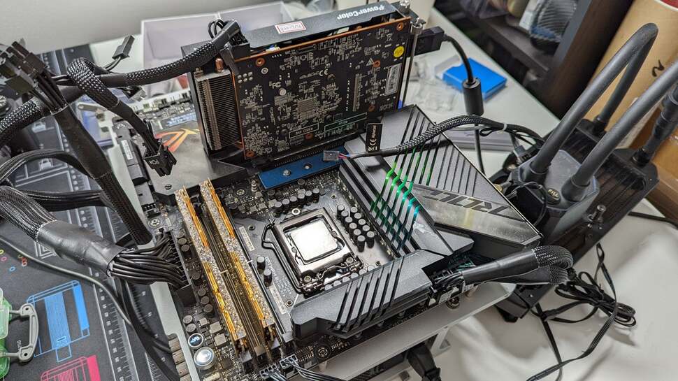Here's our (messy) test rig setup, with the RX 6500 XT in place
