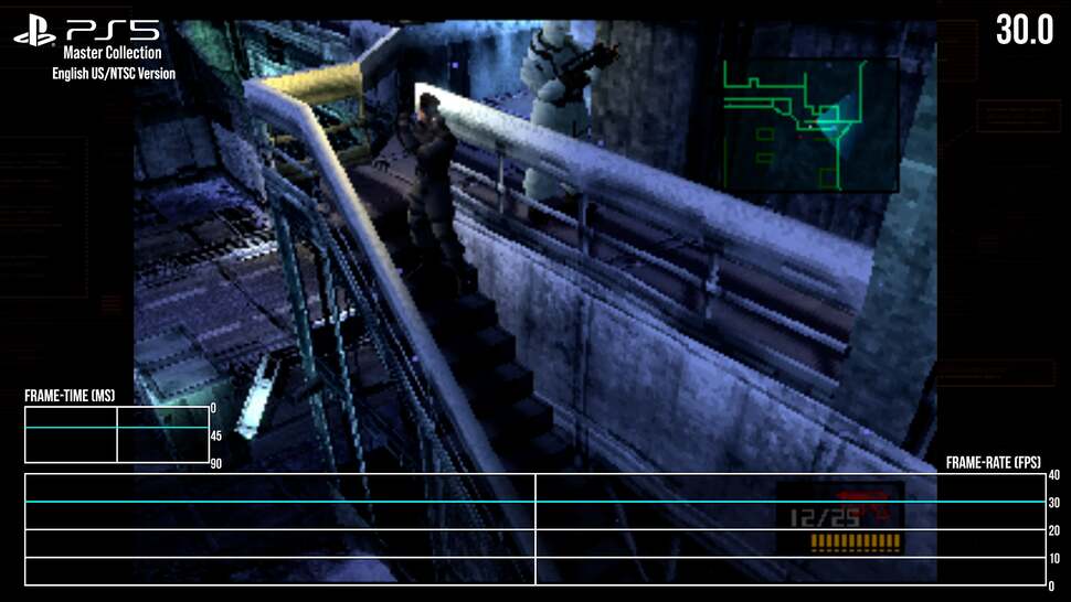 The original 1998 Metal Gear Solid plays via emulation in the Master Collection release, with the same 240p resolution and 30fps cap. It's worth stressing that the best way to play this is in selecting the English US version from the menus, which gets you a higher max frame-rate than the default English UK option