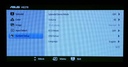 Menus are fairly basic on the VG278H, with a range of options that will be very familiar to owners of any previous TN-based Asus displays. Menu navigation isn't hugely intuitive and it's at this point that we miss the remote control offered by conventional 3DTVs.