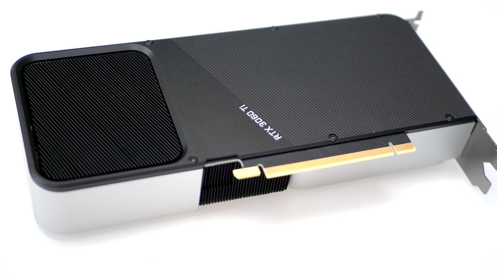 The rear of the card - there's no dual sided fan arrangement as per RTX 3080. It's a dual axial fan solution just like RTX 3070