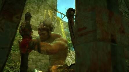 TriOviz got its debut 3DTV outing in an early incarnation via Ninja Theory's Enslaved, shown here on the left running on PS3. Note the artifacts to the right of the foreground detail and on Monkey himself. This is where the reprojection algorithm has nothing to send to the right eye, effectively filling in the gaps. On the Gears of War 3 shot to the right, reprojection artifacts are really difficult to find.