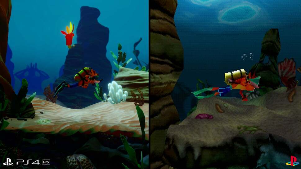 The underwater levels on the original PlayStation highlight the severe dithering problems often exhibited by the hardware. In addition to the massive upgrades on PS4, the smoother color gradients greatly improve the overall image quality
