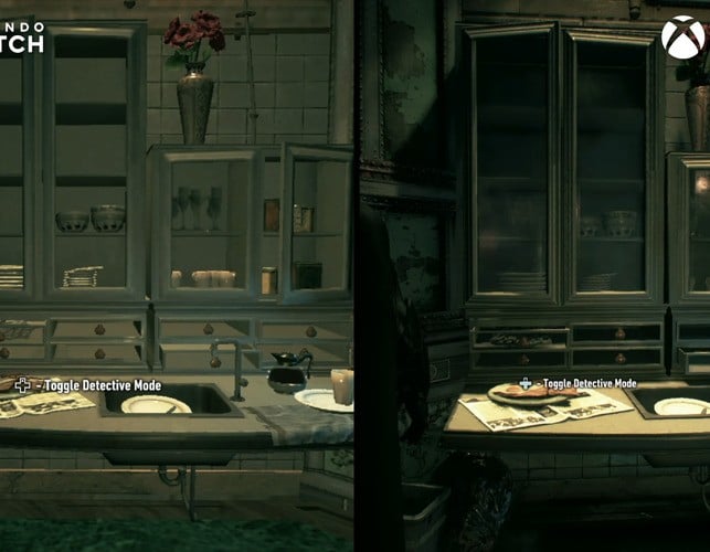 Switch versus Xbox One S, from left to right: degraded texture detail and material properties with missing indicators, grime and grass on an electrical panel; lost lighting detail and fully transparent glass in a cabinet; completely missing ambient occlusion in a bookshelf. Click to enlarge.