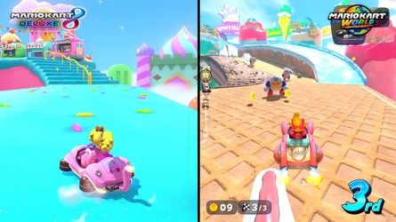 Mario Kart World has a more detailed, worn look for many of its environments. Comparing the Sky-High Sundae map in both games exaggerates the gulf in fidelity though, given the MK8 incarnation was designed for the mobile game Mario Kart Tour.