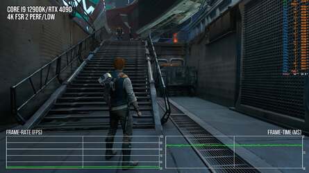 On the image on the left, the game running on an RTX 4090 on lowest settings barely touches GPU resources and still can't maintain 60fps. On the right, fully maxed with RT at 4K FSR2, this scene sees only 36% GPU utilisation - meaning that the CPU bottleneck is bringing performance down to 36fps.