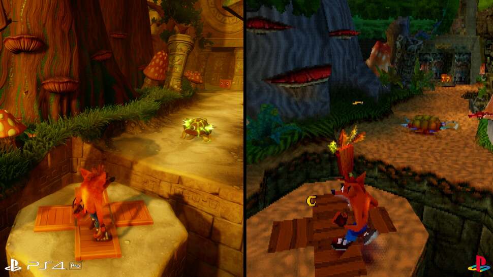 In the original game, textures are used to simulate the appearance of grass along the sides of the stage but the remake can represent this using real 3D blades of grass instead