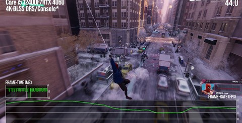 Up top, Fortnite on high UE5.2 settings with Lumen and Nanite active in stress-test scenes - 4K dynamic TSR vs native 1080p. On the bottom, Miles Morales at optimised settings using reconstructed 4K - but very high textures causes performance problems (bottom right).