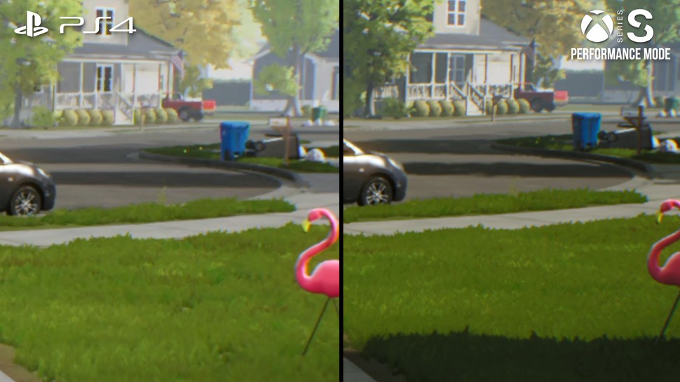 PS4 looks similar to the Xbox Series S in performance mode, albeit at half the frame-rate, at 900p versus 1080p and with lower shadow resolution, less shadow coverage and reduced foliage density. Hitching and longer load times also contribute to a better experience on current-gen machines, though the PS4 lacks the animation issues of the PS5 in quality mode