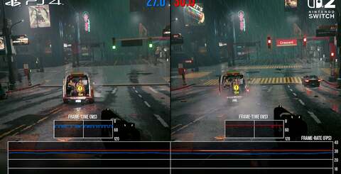 Here's how Switch 2 stacks up against PS4 in performance terms in a few challenging scenes. PS4 drops below 30fps, often significantly, while the Switch 2 remains resolute in the same tests.