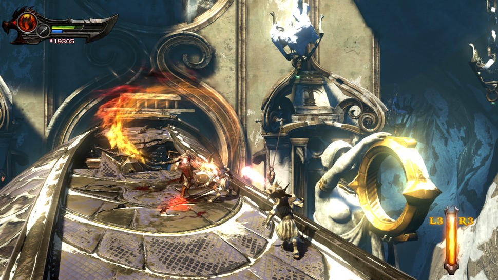 Alpha and particles are abundant with elemental augments such as fire and lightning trailing Kratos' every swipe. It's a huge upgrade over the shader trails used in GOW3, causing the screen to burst into a pyrotechnic display once the rage meter peaks