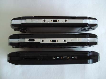 A look at how the new unit compares to the original PSP-1000 'fat' model and the latest PSP-3000 'Slim'. The higher-end build quality of the previous units stands out, and the new machine is clearly somewhat portly in comparison.