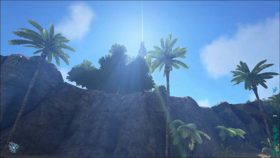 Lights shafts form a key part of the lighting model in Ark. Here we see the effect cast by two different sources: the lighter coloured beams are produced by the sun, while the green streams of light originate from the strange alien tower