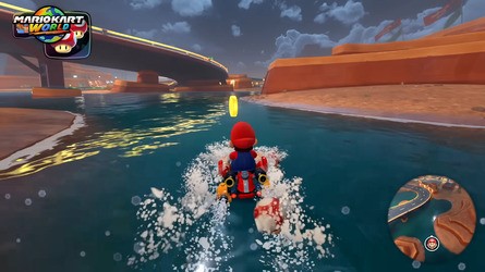 Water rendering has taken a generational leap forward with Mario Kart World versus Mario Kart 8, with more advanced reflections and geometric undulation in stormy seas.