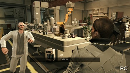 An OnLive micro-console shot of Deus Ex: Human Revolution to the left, the view from the PC game to the right. Default settings on our console seemed to produce a washed-out image which in some situations serves to make compression artefacts more pronounced.