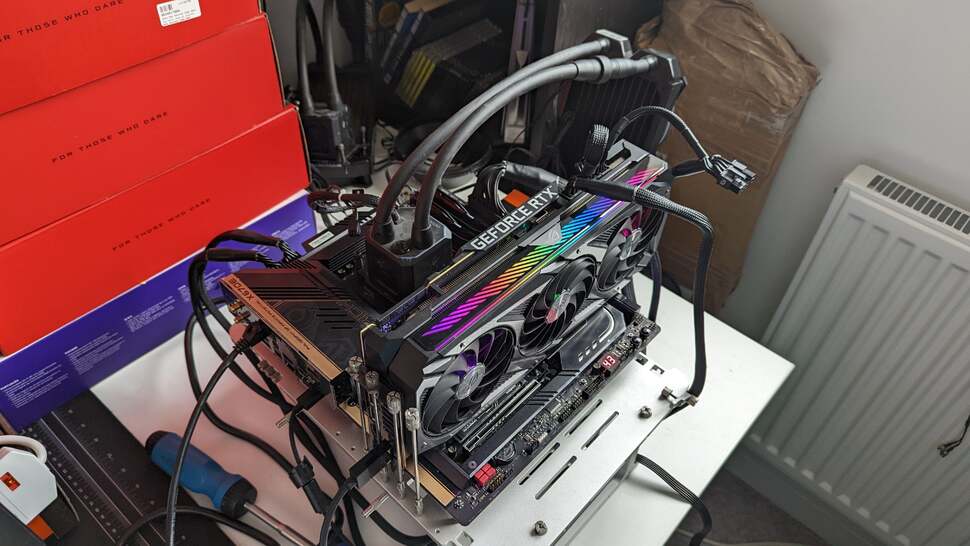 Our test setup for Ryzen 7000 - complete with Asrock X670E Taichi motherboard, Asus RTX 3090, G.Skill DDR5-6000, Alphacool Eisbaer Aurora 240mm AiO and Corsair 1000W PSU