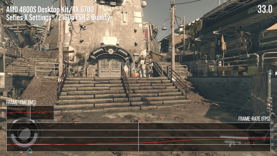 The next step is to unlock the frame-rate and see what happens, while retaining the 4K upscaled output. In Akila - a dense area - frame-rate is typically between 30-40fps