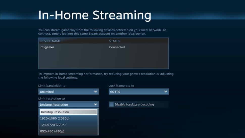 Resolution options available are the standard 480p, 720p and 1080p along with the native res of the client (a Macbook Air offers up 1440x810). The server can downsample to these resolutions from, say, 1080p or 1440p