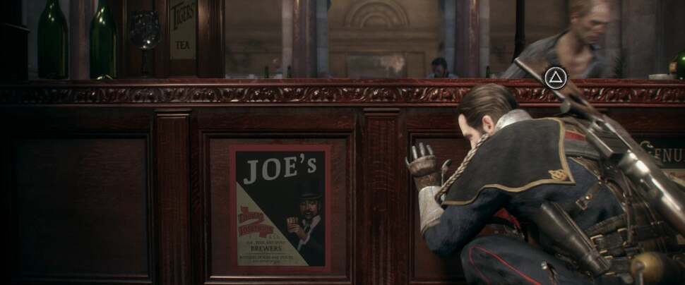 Incidental items are placed around the environments regularly and react in a convincing manner when shot or manipulated. The bottles on this particular counter even react to the player as he pushes up against the bar for cover